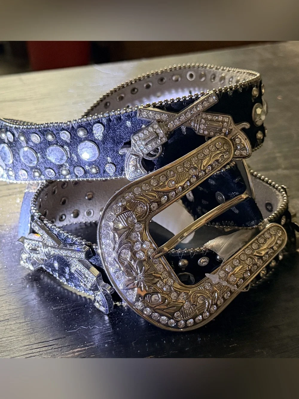 Black Silver cowhide rhinestone gunslinger pistols western bling belt large
